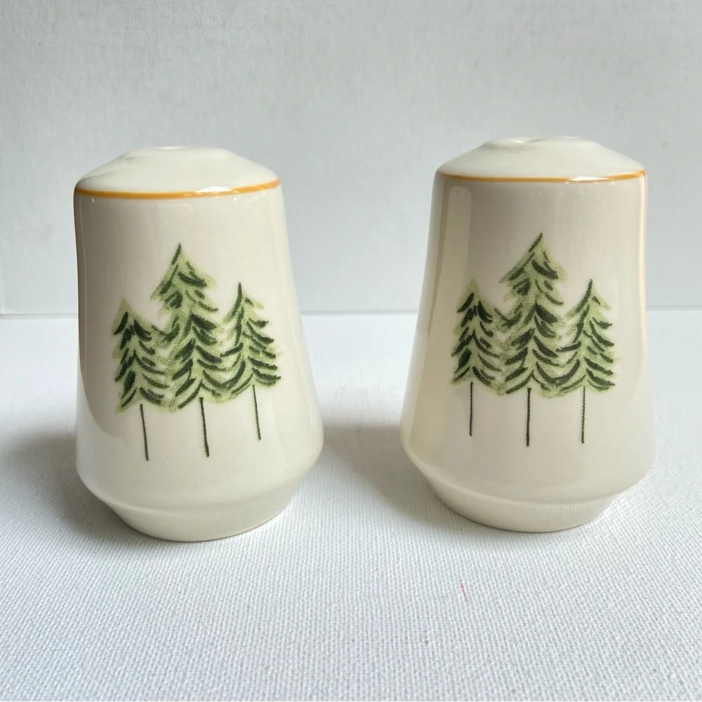 Pine Trees ceramic salt and pepper shakers in cream with shades of green